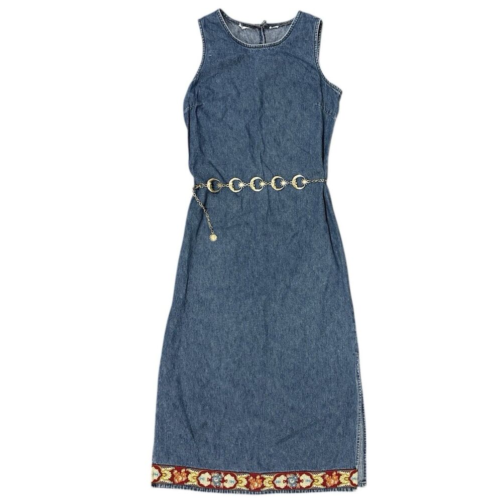 Vintage 90s Denim Maxi Dress Size M/L Blue Embroidered Hem Jean Boho Festival
